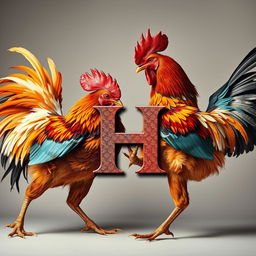 Two powerful and regal roosters captured in mid-fight, their vibrant feathers and intense expressions highlighting their competitive nature