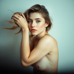 a woman posing gracefully in a tasteful nude portrait, showcasing natural elegance and beauty, focusing on her serene facial expression and soft, flowing hair