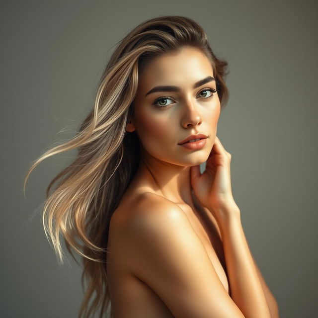 a woman posing gracefully in a tasteful nude portrait, showcasing natural elegance and beauty, focusing on her serene facial expression and soft, flowing hair