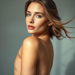 a woman posing gracefully in a tasteful nude portrait, showcasing natural elegance and beauty, focusing on her serene facial expression and soft, flowing hair