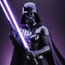 A powerful, armored female variation of Darth Vader, drenched in deep purple tones, wields a lightsaber illuminated by a purple kyber crystal against a background reflecting an intense, galactic theme.