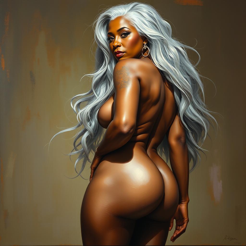 A polished, oil-based painting depicting a full nude body view of a gorgeous older black woman with long grey hair, beautiful breasts, and a big booty in a sensual pose