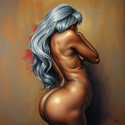 A polished, oil-based painting depicting a full nude body view of a gorgeous older black woman with long grey hair, beautiful breasts, and a big booty in a sensual pose