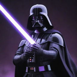 A powerful, armored female variation of Darth Vader, drenched in deep purple tones, wields a lightsaber illuminated by a purple kyber crystal against a background reflecting an intense, galactic theme.