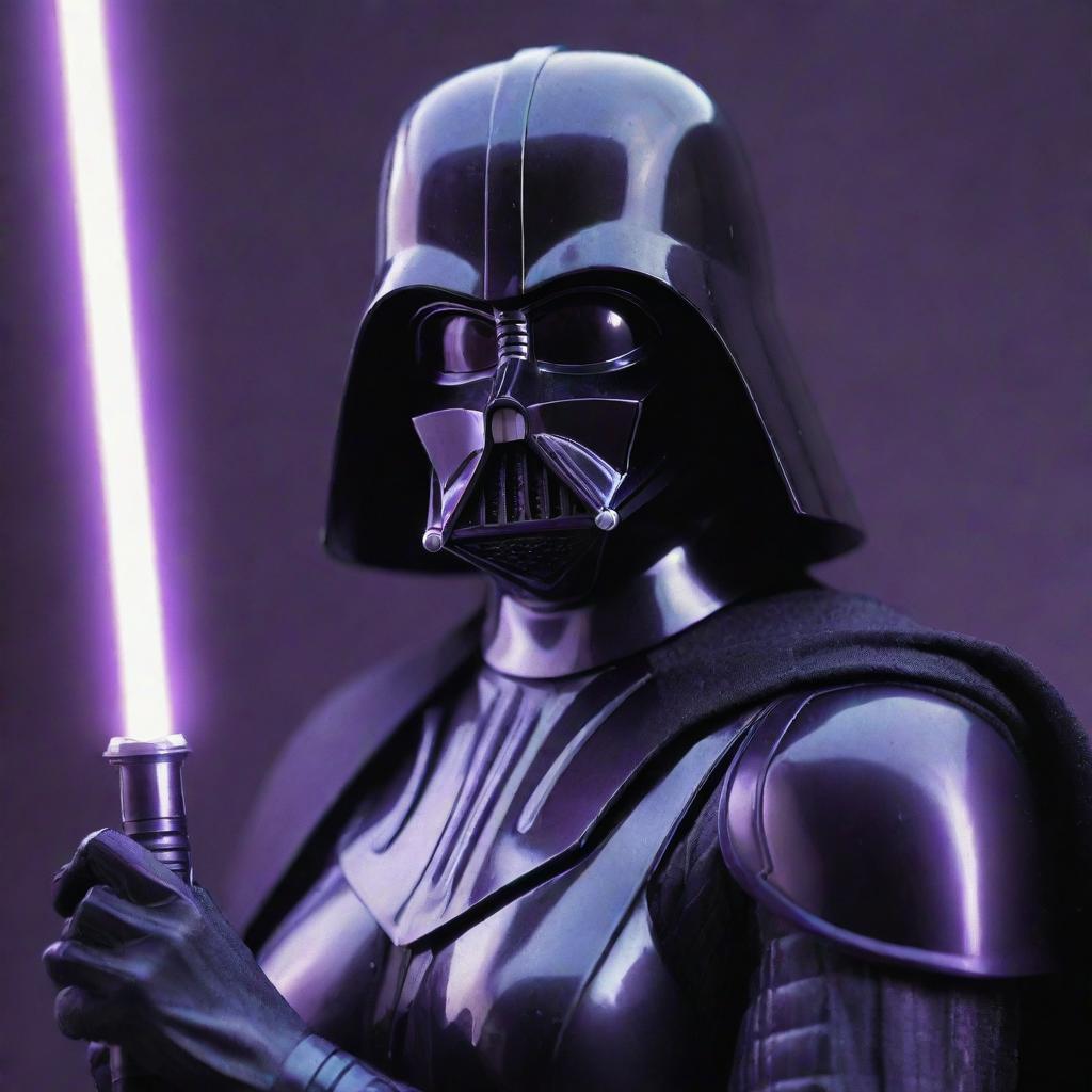 A powerful, armored female variation of Darth Vader, drenched in deep purple tones, wields a lightsaber illuminated by a purple kyber crystal against a background reflecting an intense, galactic theme.