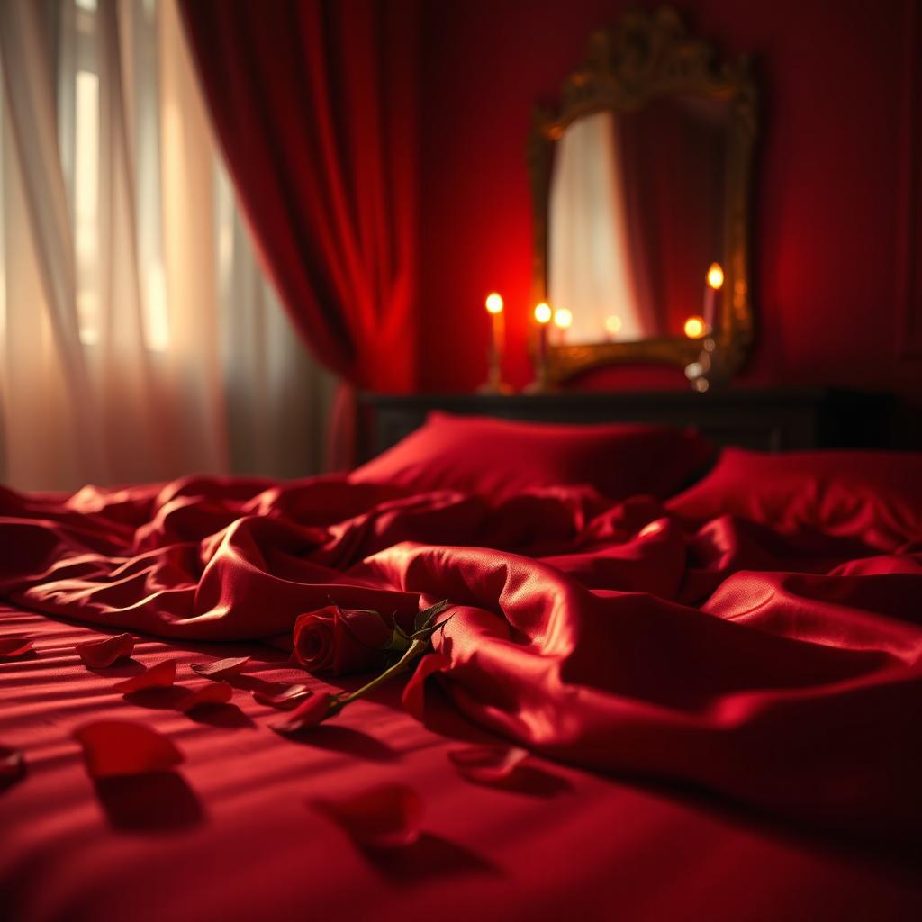 A sensual and intimate atmosphere featuring a dimly lit room with crimson satin sheets, a single red rose petals scattered across the bed, and soft candlelight creating a warm glow