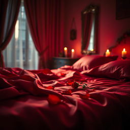 A sensual and intimate atmosphere featuring a dimly lit room with crimson satin sheets, a single red rose petals scattered across the bed, and soft candlelight creating a warm glow