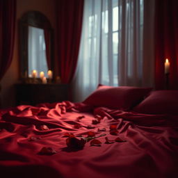 A sensual and intimate atmosphere featuring a dimly lit room with crimson satin sheets, a single red rose petals scattered across the bed, and soft candlelight creating a warm glow