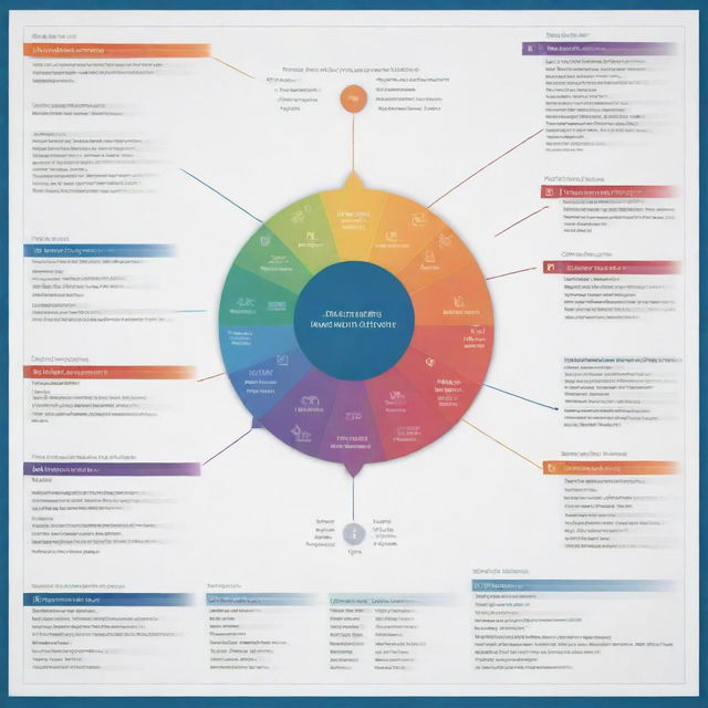 A technical-themed complex graph incorporating specific information, with a well-detailed process scheme. Utilize vibrant colors to distinguish each separate process.