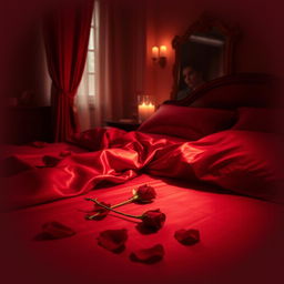 A sensual and intimate atmosphere featuring a dimly lit room with crimson satin sheets, a single red rose petals scattered across the bed, and soft candlelight creating a warm glow