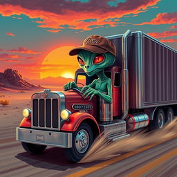 An extraterrestrial being wearing a cap, driving a large truck