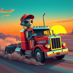 An extraterrestrial being wearing a cap, driving a large truck