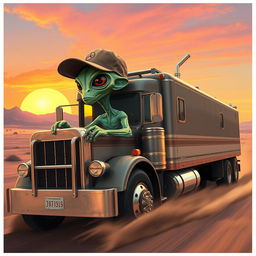 An extraterrestrial being wearing a cap, driving a large truck