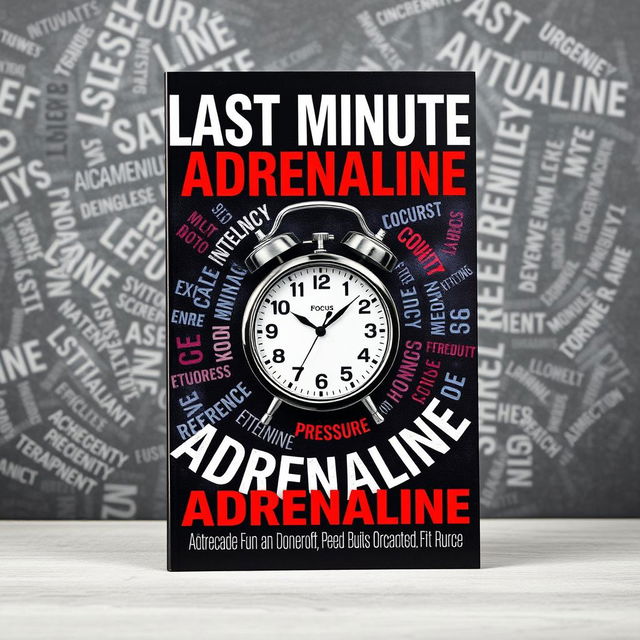 An A4 book cover titled "Last Minute Adrenaline" featuring a prominent alarm watch at the center