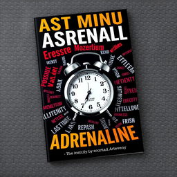 An A4 book cover titled "Last Minute Adrenaline" featuring a prominent alarm watch at the center