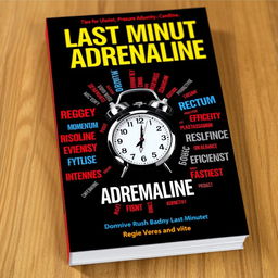 An A4 book cover titled "Last Minute Adrenaline" featuring a prominent alarm watch at the center