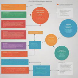 A technical-themed complex graph incorporating specific information, with a well-detailed process scheme. Utilize vibrant colors to distinguish each separate process.