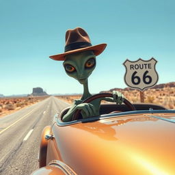 An alien creature wearing a stylish hat, driving a classic truck along Route 66