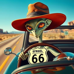 An alien creature wearing a stylish hat, driving a classic truck along Route 66