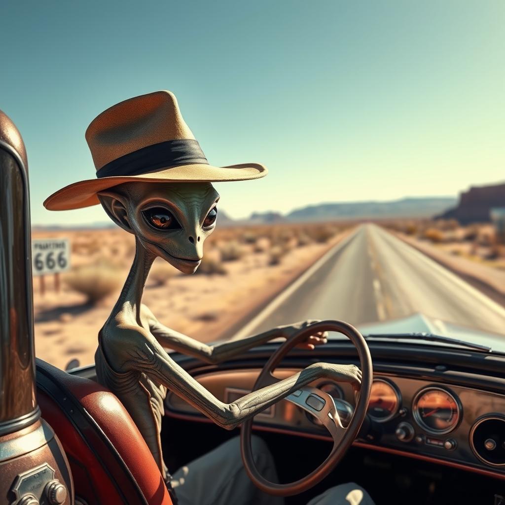 An alien creature wearing a stylish hat, driving a classic truck along Route 66