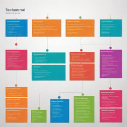 A technical-themed complex graph incorporating specific information, with a well-detailed process scheme. Utilize vibrant colors to distinguish each separate process.