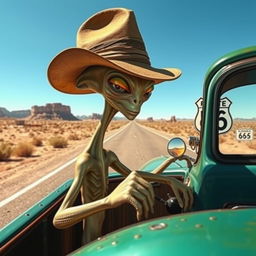 An alien creature wearing a stylish hat, driving a classic truck along Route 66