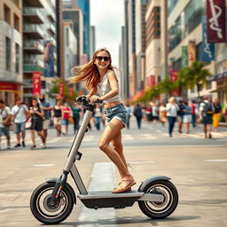 A girl riding an electric scooter, specifically the Kugoo M5 Pro, gliding smoothly down a lively city street