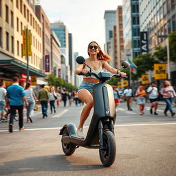 A girl riding an electric scooter, specifically the Kugoo M5 Pro, gliding smoothly down a lively city street