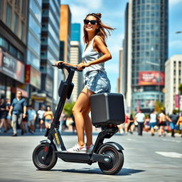 A girl riding an electric scooter, specifically the Kugoo M5 Pro, gliding smoothly down a lively city street