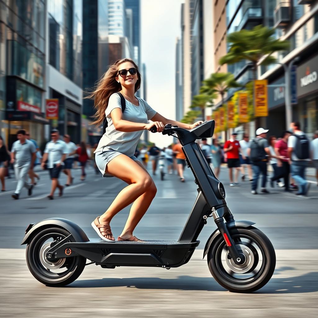 A girl riding an electric scooter, specifically the Kugoo M5 Pro, gliding smoothly down a lively city street