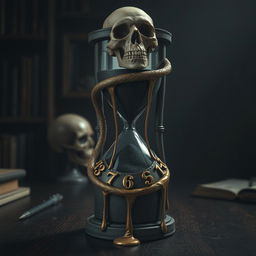 A surreal and intriguing scene featuring an hourglass entwined with a skull and a melting clock