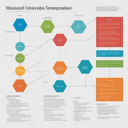 A technical-themed complex graph incorporating specific information, with a well-detailed process scheme. Utilize vibrant colors to distinguish each separate process.