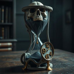 A surreal and intriguing scene featuring an hourglass entwined with a skull and a melting clock