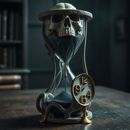 A surreal and intriguing scene featuring an hourglass entwined with a skull and a melting clock