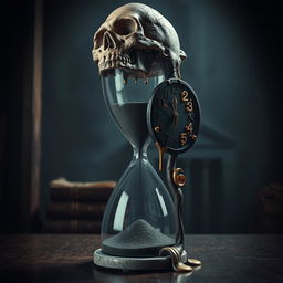 A surreal and intriguing scene featuring an hourglass entwined with a skull and a melting clock