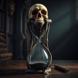 A surreal and intriguing scene featuring an hourglass entwined with a skull and a melting clock