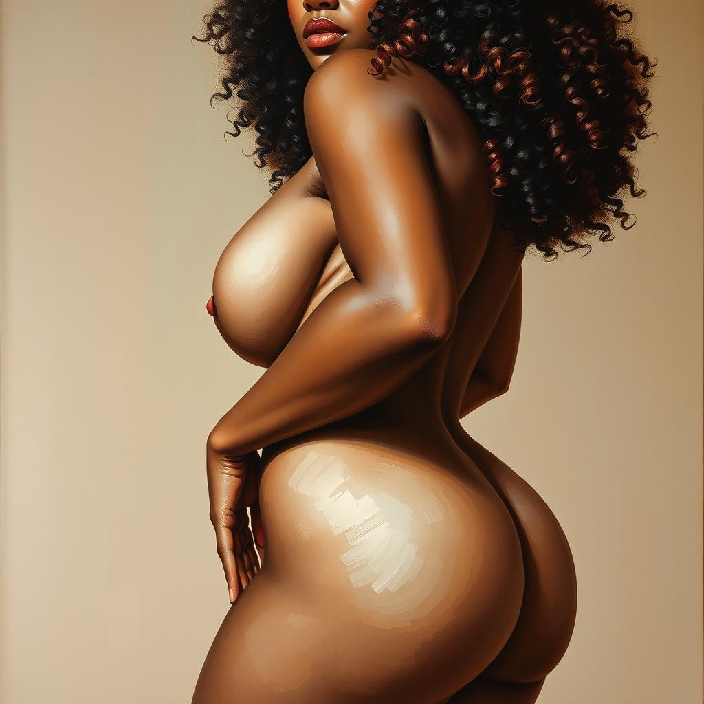 A polished, oil-based painting depicting a full nude body view of a sexy black woman with curly hair, beautiful breasts, and a big booty in a sensual pose