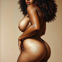 A polished, oil-based painting depicting a full nude body view of a sexy black woman with curly hair, beautiful breasts, and a big booty in a sensual pose