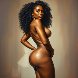 A polished, oil-based painting depicting a full nude body view of a sexy black woman with curly hair, beautiful breasts, and a big booty in a sensual pose