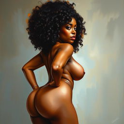 A polished, oil-based painting depicting a full nude body view of a sexy black woman with curly hair, beautiful breasts, and a big booty in a sensual pose