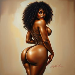 A polished, oil-based painting depicting a full nude body view of a sexy black woman with curly hair, beautiful breasts, and a big booty in a sensual pose