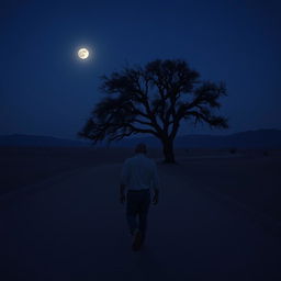 A very tired man walking towards an oak tree in a desert setting