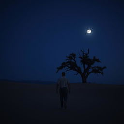 A very tired man walking towards an oak tree in a desert setting