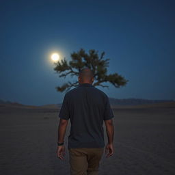 A very tired man walking towards an oak tree in a desert setting