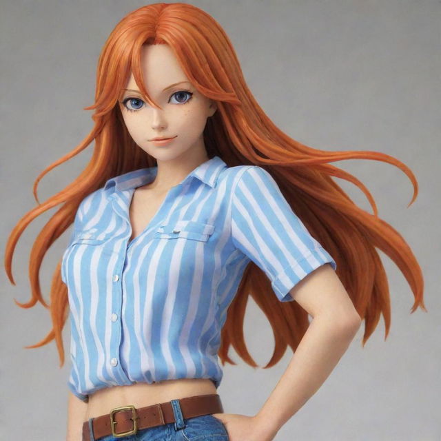 Nami, a female character from One Piece with long, wavy orange hair, wearing a blue and white striped shirt, and a brown waist pouch. She's looking adventurous and determined.