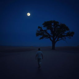 A very tired man walking towards an oak tree in a desert setting