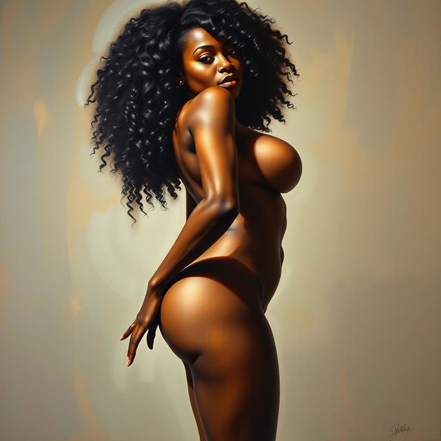 A polished, oil-based painting depicting a full nude body view of a sexy black woman with curly hair, beautiful breasts, and a big booty in a sensual pose