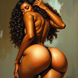 A polished, oil-based painting depicting a full nude body view of a sexy black woman with curly hair, beautiful breasts, and a big booty in a sensual pose