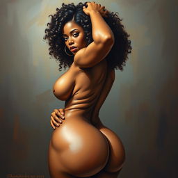 A polished, oil-based painting depicting a full nude body view of a sexy black woman with curly hair, beautiful breasts, and a big booty in a sensual pose