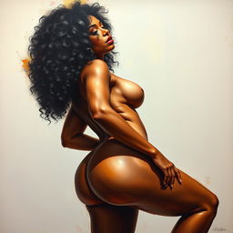 A polished, oil-based painting depicting a full nude body view of a sexy black woman with curly hair, beautiful breasts, and a big booty in a sensual pose